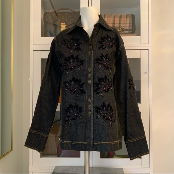 Graff Wear Vintage Embellished Black Denim Jean Jacket Size PXS - Picture 7 of 10